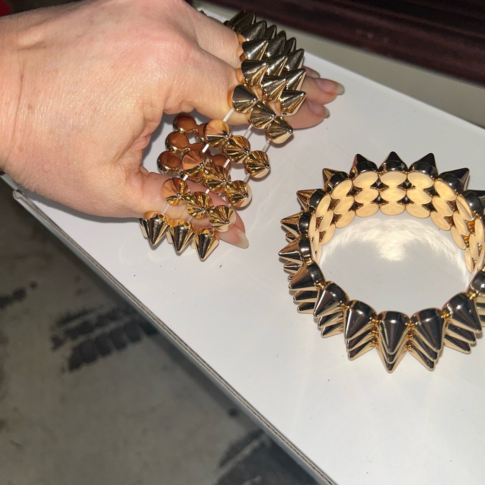 2 Gold Spiked Bracelet Unisex jewelry Edgy Rivet Cuff accessories punk goth - Picture 5 of 5